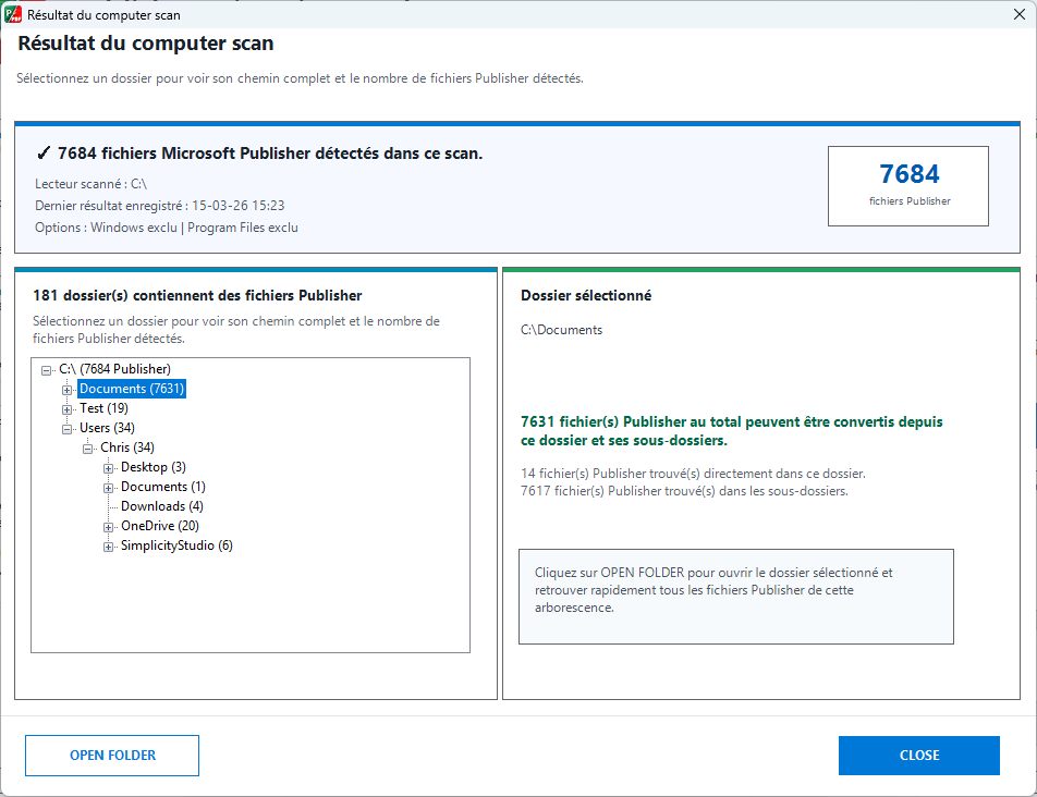 Publisher Migration Tool affiche les fichiers Publisher retrouvés dans les dossiers