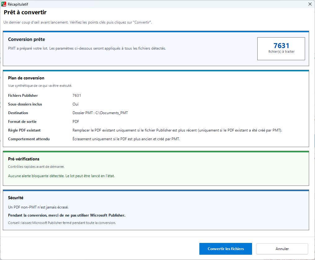 Récapitulatif et contrôles avant conversion de Publisher Migration Tool