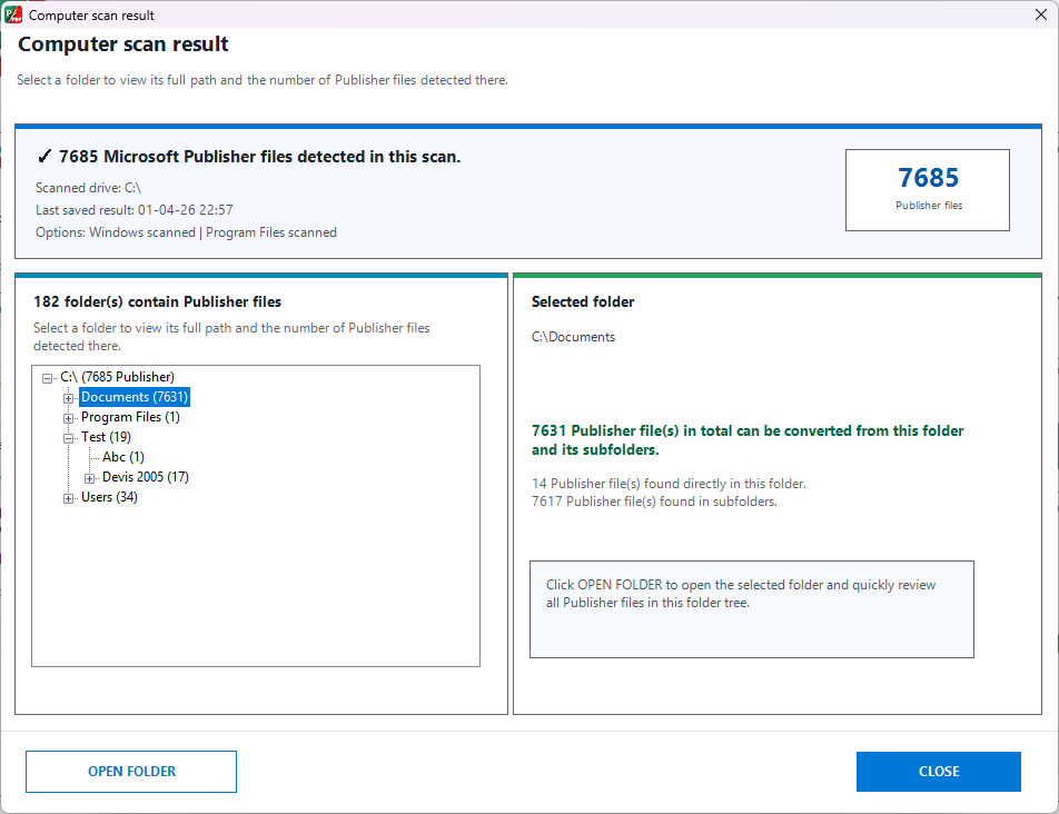 Publisher Migration Tool showing Publisher files discovered across folders
