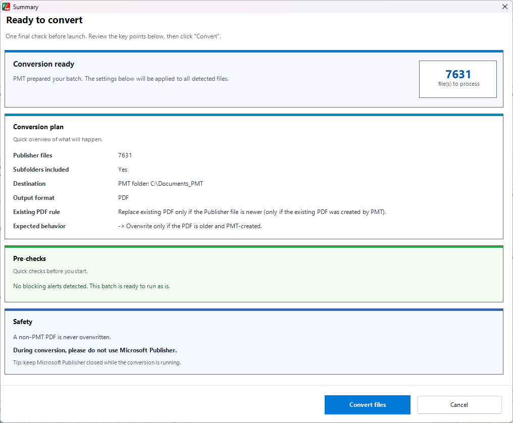 Publisher Migration Tool pre-conversion summary and checks